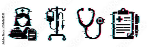 Medical icons set with nurse, IV drip, stethoscope, and medical record in a modern glitch effect style.