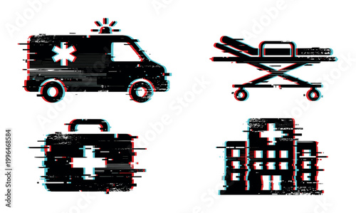 Ambulance, stretcher, first aid kit, hospital icons with a modern glitch effect representing digital healthcare and emergency services.
