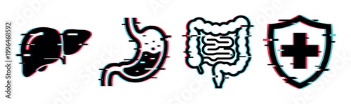 Human internal organs and medical shield icons with digital glitch effect representing health issues or cyber protection.