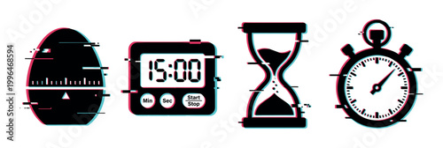 Glitch effect timers, digital and analog timepieces, are depicted with a retro distorted visual style, symbolizing time measurement and digital error.