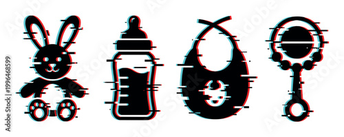 Baby items icons with a modern glitch effect, including a bunny, bottle, bib, and rattle, representing childhood and infancy.