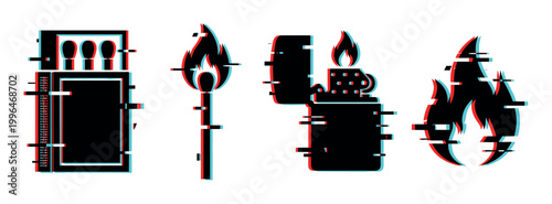Glitch effect fire starting tools vector illustration set including matchbox, burning match, lighter, and flame icon with digital distortion.