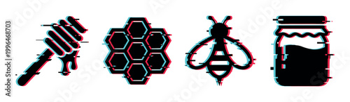 Honey dipper, honeycomb, bee, and honey jar icons with modern glitch effect, representing sweet natural products and beekeeping.
