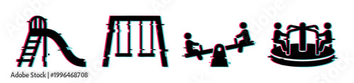 Playground equipment icons with a modern digital glitch effect, including a slide, swings, seesaw, and merry-go-round for children's play.