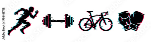 Runner, dumbbell, bicycle, and boxing gloves icons with a modern digital glitch effect representing various sports and fitness activities.