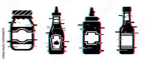Glitch effect condiment bottles and jar set featuring digital distortion and retro aesthetic for food packaging concepts.