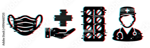 Digital glitch effect on essential medical icons including a protective face mask, medical cross, blister pack of pills, and a doctor avatar, representing modern healthcare challenges.