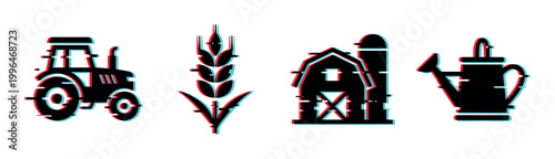Tractor, wheat, barn, and watering can icons with a modern glitch effect representing agriculture and farming concepts.