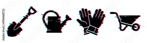 Glitch effect gardening tools set including a shovel, watering can, protective gloves, and a wheelbarrow for outdoor work.