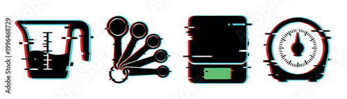 Measuring tools, kitchen scales, and spoons with a modern digital glitch effect, perfect for cooking and baking concepts.
