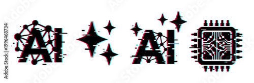 Artificial intelligence concept icons with modern glitch effect, featuring neural network letters, sparkling stars, and a microchip processor symbol.