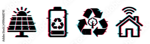 Solar panel, battery, recycling, smart home icons with modern glitch effect representing sustainable and connected living.