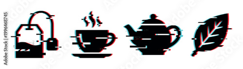 Tea icons with digital glitch effect, including a tea bag, steaming cup, teapot, and leaf, representing modern beverage concepts.