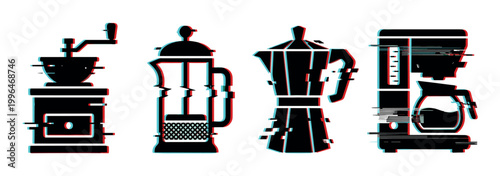 Coffee equipment icons with a modern glitch effect, including a grinder, French press, Moka pot, and automatic drip coffee maker.