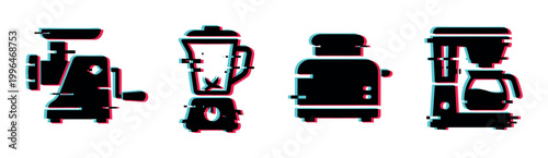 Kitchen appliances with glitch effect, including meat grinder, blender, toaster, and coffee maker, in a modern digital style.