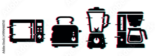 Microwave, toaster, blender, coffee maker, a set of common kitchen appliances with a modern digital glitch effect.