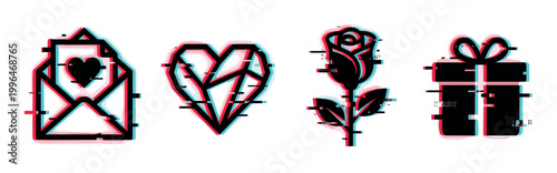 Glitch effect love icons including an envelope, geometric heart, rose, and gift box with digital distortion.
