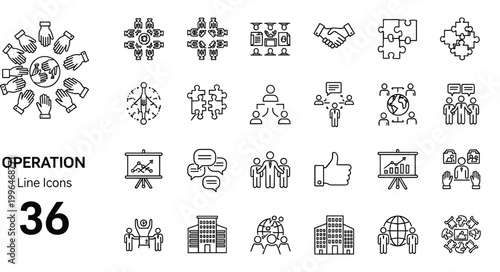 Operation Line Icons Set Featuring Teamwork, Collaboration, Management, Workflow, Communication, Business Strategy, Organization, Planning, and Corporate Process Vector Design