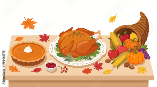 Wooden table filled with thanksgiving dinner items including roasted turkey, pie, and cornucopia, vector illustration.