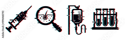 Medical icons with glitch effect including syringe, skin analysis, IV drip, and test tubes representing healthcare and scientific research.