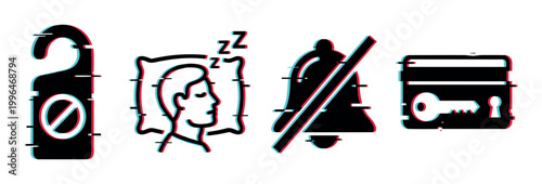 Hotel service icons with a modern glitch effect, featuring a do not disturb sign, sleeping person, muted bell, and key card illustration.