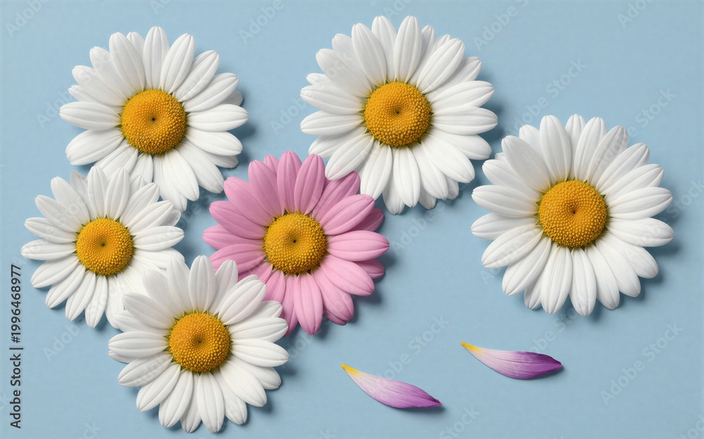 Obraz premium White daisies and one pink flower on blue background with scattered