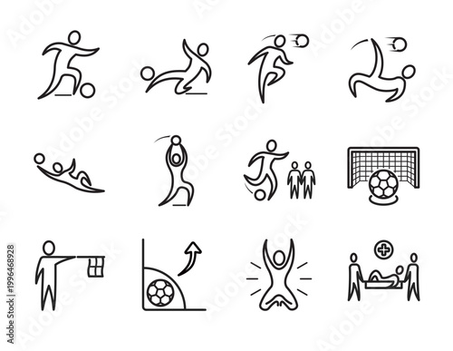 Football Actions & Gameplay  Icon Set – Dynamic Soccer Moments in Minimalist Outline style of Vector icon set  A collection of dynamic football action icon set featuring gameplay moments
