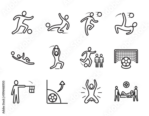 Football Actions & Gameplay  Icon Set – Dynamic Soccer Moments Minimalist Outline style of  Vector icon set  A collection of dynamic football action icon set featuring gameplay moments like dribbling