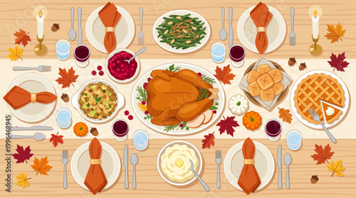 Top view of a rich thanksgiving dinner table setting with roasted turkey, side dishes, and wine, vector illustration.