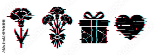 Carnation flower, bouquet, gift box, and heart shape with a modern glitch effect, perfect for digital art and contemporary design.