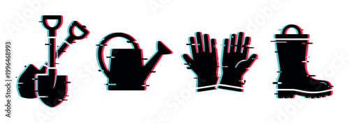 Shovel, watering can, gloves, and boot icons with a modern digital glitch effect, representing essential gardening tools and equipment.