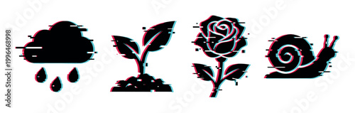 Glitch effect nature icons set featuring a cloud, plant, rose, and snail with a modern digital distortion.