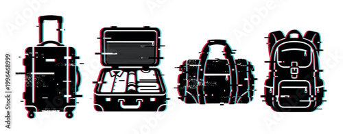 Luggage bags with digital glitch effect, including a rolling suitcase, open packed suitcase, duffel bag, and backpack, for travel and technology themes.