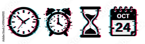 Glitch effect time and date icons with digital distortion, including a clock, alarm, hourglass, and calendar, representing temporal concepts.