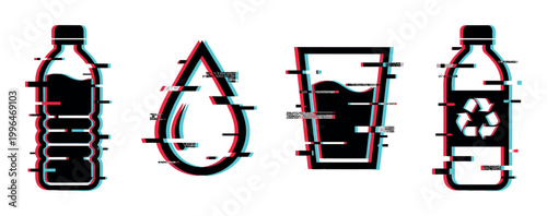 Water bottles, water drop, and glass icons with a modern digital glitch effect, representing hydration, plastic, and recycling concepts.