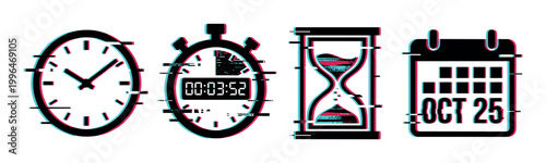 Glitch effect time icons including clock, stopwatch, hourglass, and calendar represent digital distortion and concepts of time management, deadlines, and scheduling in a modern style.