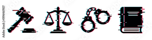 Gavel, scales, handcuffs, law book icons with a modern digital glitch effect representing justice, crime, and legal concepts.