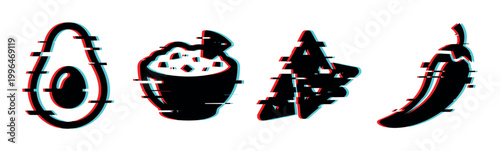 Avocado, guacamole, chips, and chili pepper icons with a modern digital glitch effect, representing Mexican cuisine ingredients.