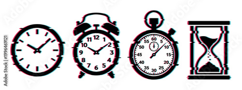 Time measuring devices with a modern glitch effect, including a clock, alarm, stopwatch, and hourglass.