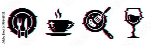 Food and drink icons with digital glitch effect representing dining, cooking, and beverage concepts for modern design projects.