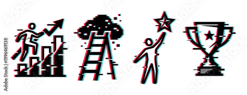 Success achievement progress goals ambition icons with a modern digital glitch effect representing business growth and personal development