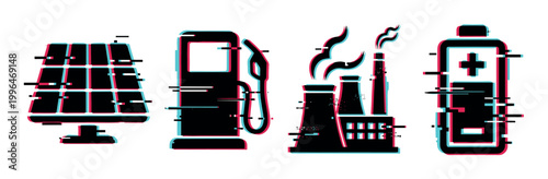Energy sources icons with glitch effect including solar panel, gas pump, factory, and battery representing power generation.