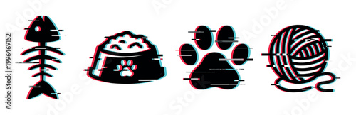 Pet icons with glitch effect featuring fish skeleton, food bowl, paw print, and yarn ball in a retro digital style.