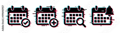 Calendar icons with glitch effect representing scheduling, appointments, searching for dates, and setting reminders for important events.