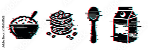 Breakfast food icons with glitch effect featuring cereal, coffee beans, spoon, and milk carton in a retro digital style.