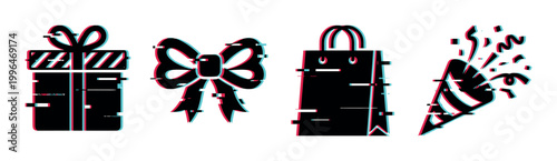 Celebration icons with a modern glitch effect, including a gift box, bow, shopping bag, and party popper, representing festive events and digital aesthetics.