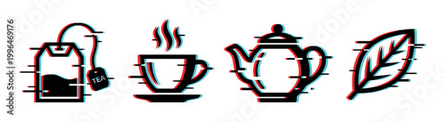 Glitch effect tea icons set featuring a teabag, steaming cup, teapot, and a fresh leaf, representing hot beverages and relaxation.