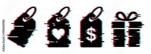 Price tags and gift box with a modern digital glitch effect, representing shopping, sales, and special offers in a contemporary style.