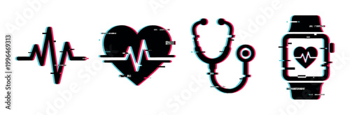 Health icons with glitch effect, including heartbeat, heart, stethoscope, and smartwatch, representing digital medicine and modern healthcare technology.