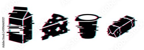 Milk carton, cheese, yogurt, and butter icons featuring a trendy digital glitch effect for modern design.